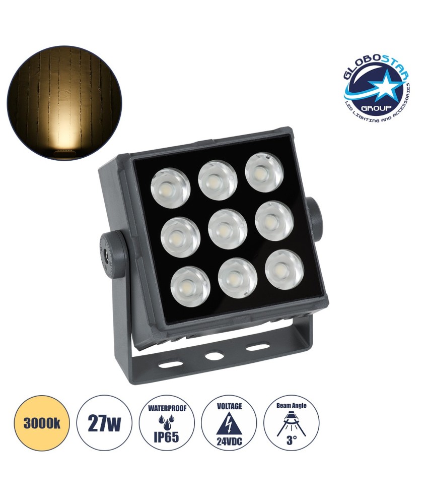 GLOBOSTAR® FLOODTINY 90368 Προβολέας Σποτ Wall Washer LED 27W 2970lm 3° DC 24V Αδιάβροχο IP65 Θερμό Λευκό 2700K Dimmable - Bridgelux SMD Chip - Γκρι Ανθρακί - Μ13.8 x Π16.4 x Υ7cm - 3 Χρόνια Εγγύηση